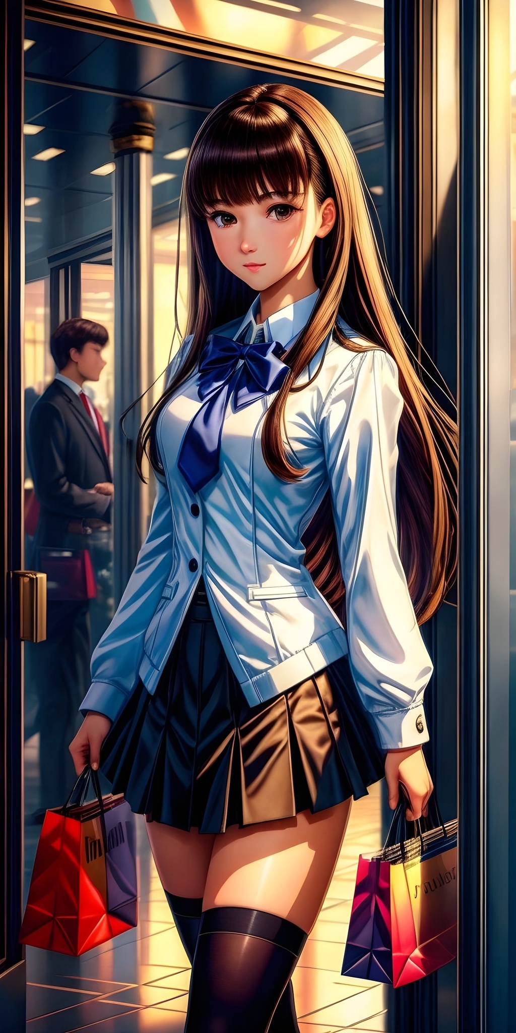 Prompt: (masterpiece:1.2), best quality, absurdres, high detail, sharp focus, highly detailed face and eyes, (photorealistic:1.2), (full body shot:0.5), high school girl, medium brown hair, detailed high school uniform, (miniskirt), shopping, detailed mall interior background, volumetric lighting, global illumination, vivid color, reflection, soft shadow, depth of field, (epic pose, epic composition, epic proportion), (ultra detailed, finest detail, intricate), professional work.