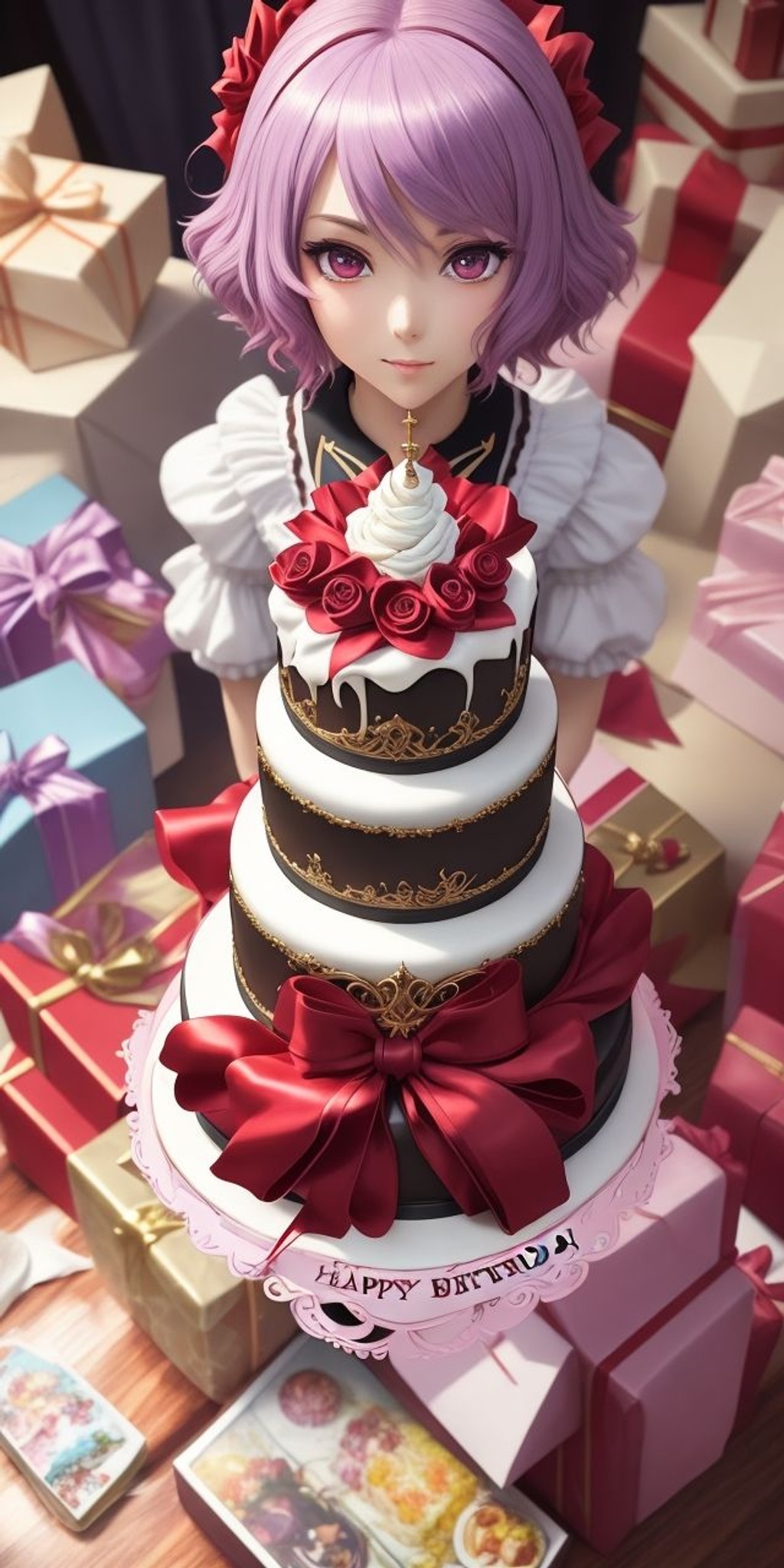 Prompt: (masterpiece:1.1, best quality:1.1), (anime art), centered, looking toward camera, Instagram able, dynamic pose, focused shot, close up shot front view, 1girl, (Remilia scarlet, short purple hair, holding birthday cake), lots of gift background, 2D illustration, (epic composition, epic proportion), ultimate detailed, professional work, makoto shinkai, panoramic,