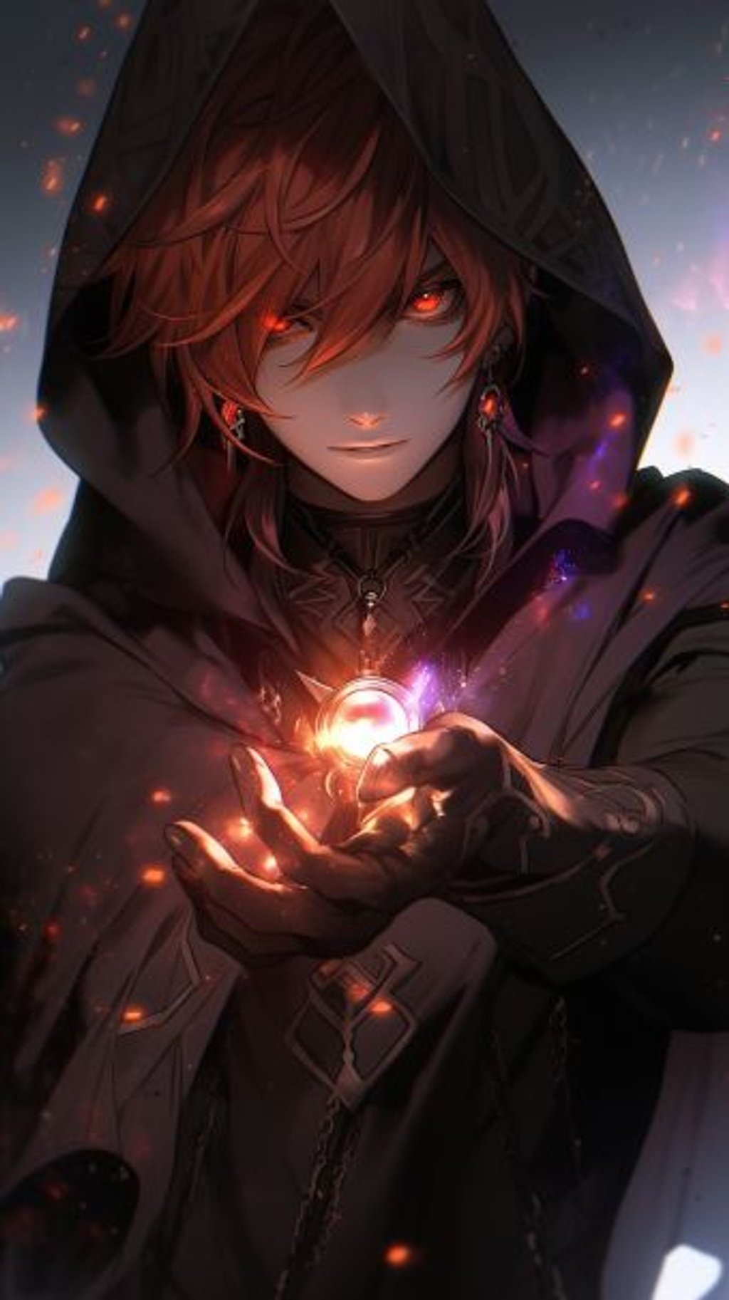 Dark anime character with glowing eyes in fiery surroundings