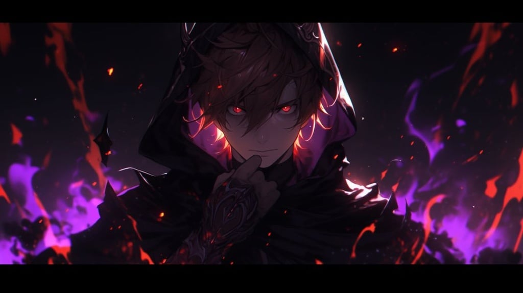 Prompt: photorealistic Tartaglia from Genshin Impact, messy short ginger hair, wearing black clothing, posing for a dramatic picture, with a dark aura surrounding him, and his eyes glowing purple --ar 16:9 --q 2 --upbeta --niji 5