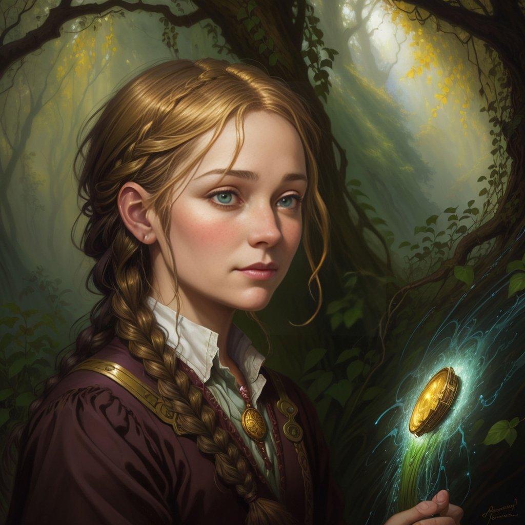 Prompt: braid, by Horace Vernet, by Adrian Smith, raisin black and dark liver horses and brown sugar and moss green palette, enchanting, by Josephine Wall, Brass, druid, Pastel Dark, daytime, seductive eyes and face, by Stephen Gammell, by Brad Kunkle
