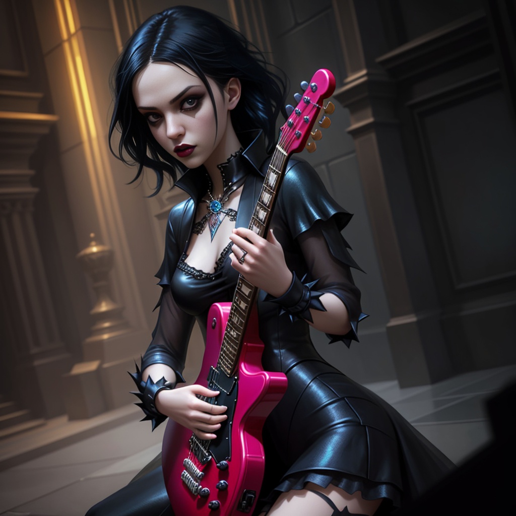 Prompt: goth girl playing a fender guitar, close - up portrait, goth outfit, powerful, intricate, elegant, volumetric lighting, scenery, digital painting, highly detailed, artstation, sharp focus, illustration, concept art, ruan jia, Maxfield Parrish