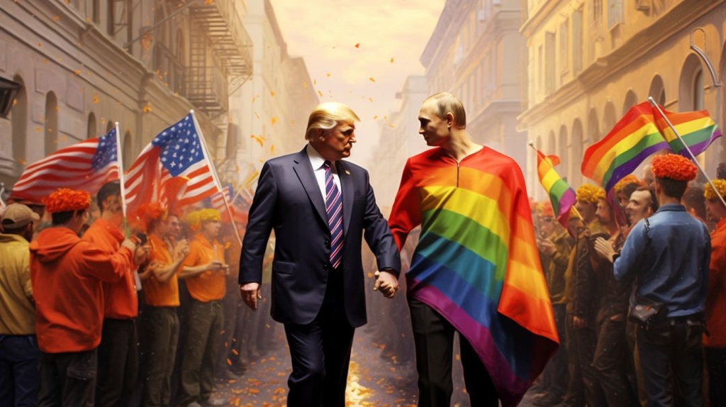 Prompt: photorealistic, front cover photo, putin and trump holding hands carrying a pride flag in the middle of a pride parade, they look happy and in love, --ar 16:9 --q 2 --upbeta --v 5.1