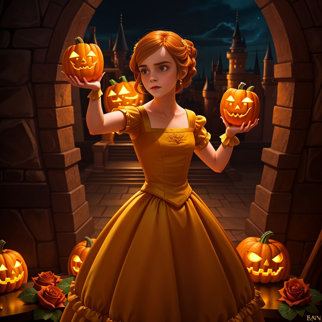 Prompt: Emma Watson as Belle from Disney's Beauty and the Beast, baroque aesthetic, visible face, Pumpkin Orange, Medieval, Zoetrope, Shaders, style of Bryan Hitch, Viridian, Perplexed, style of Anna Dittmann, At Night, School teacher, from a Court of Thorns and Roses