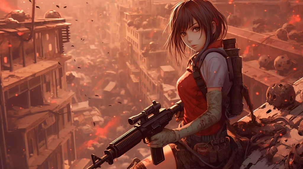 Prompt: anime girl loading her shotgun behind a concrete pilar with lots of zombies