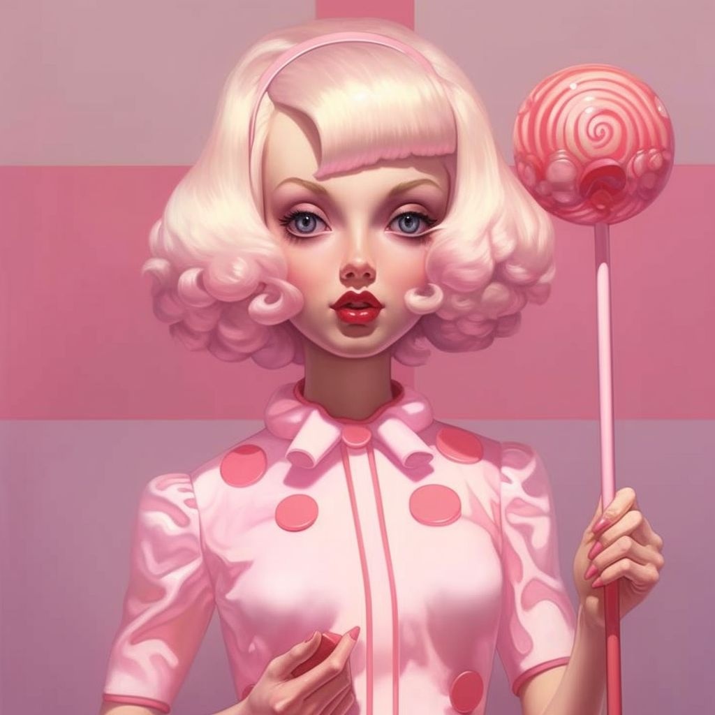 Prompt: cute female holding a lollipop, pink dress, pink lips, in the style of hajime sorayama, ethereal, ghostly figures, gary baseman, luminous 3d objects, wayne thiebaud, realist detail, disfigured forms