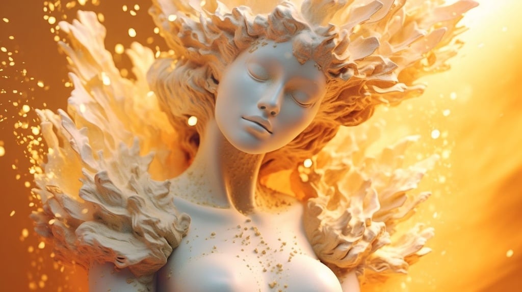 Prompt: a close up of a statue of an angel, in style of cyril rolando, often described as flame-like, ash thorp, radiant flares, a very macular woman in white, depicted as a 3 d render, pale orange colors, exploding powder, beautiful comic art, within radiate connection