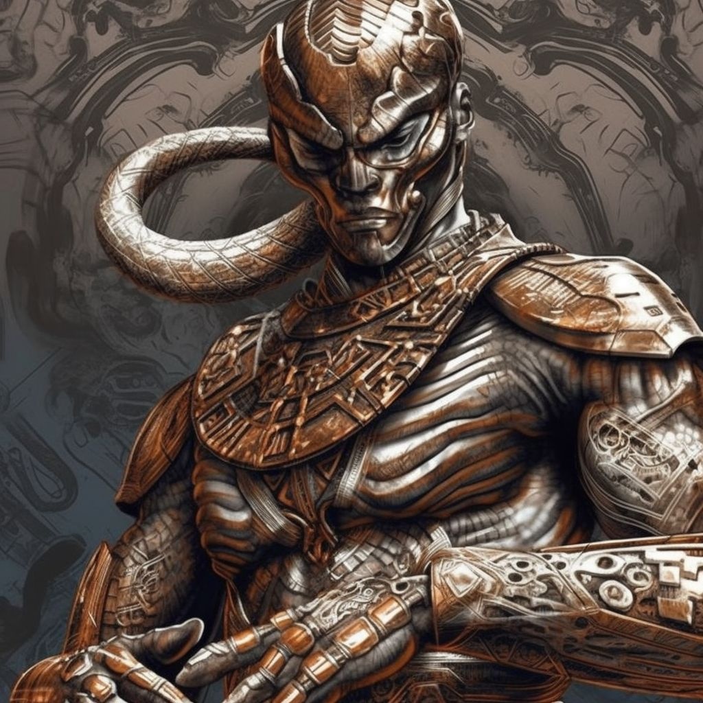 Prompt: a drawing of a warrior with a snake in his hand, in the style of digital airbrushing, moche art, alan moore, dark silver and bronze, highly stylized figures, devilcore, kuang hong