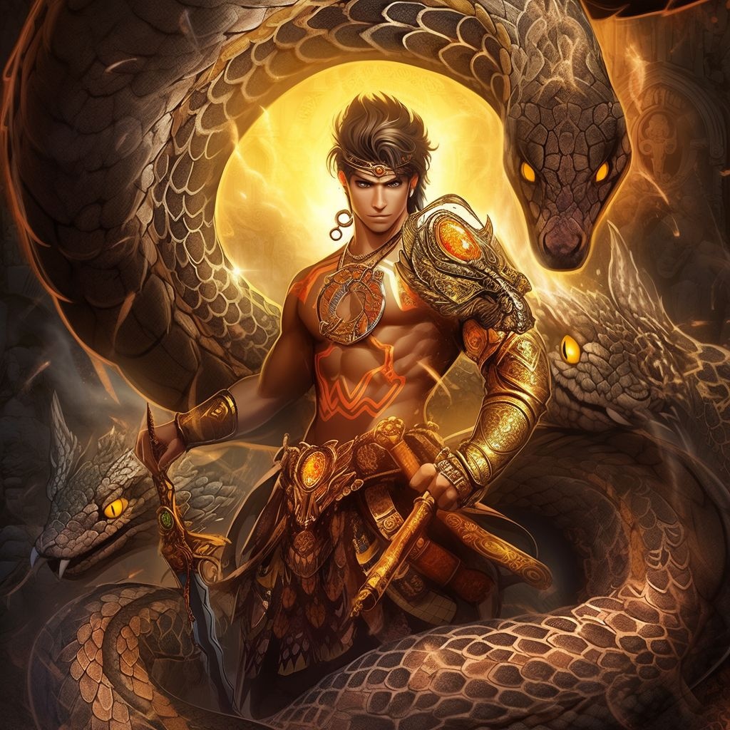 Prompt: a drawing of a warrior with a snake in his hand, in the style of digital airbrushing, aztec art, alan moore, dark silver and bronze, highly stylized figures, devilcore, kuang hong