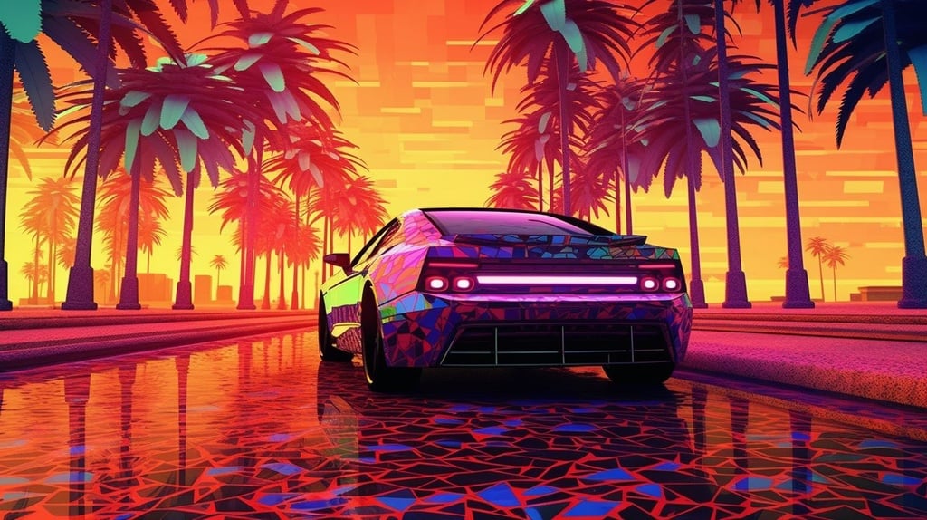 Prompt: an angled car driving around in neon lights and palm trees, in the style of animated mosaics, sunrays shine upon it, terragen, impressive skies, chrome-plated, chance, furaffinity