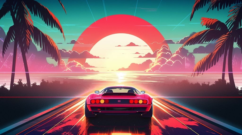 Prompt: a car driving on top of a road on a sunny day at sunset, in the style of vaporwave, xbox 360 graphics, projection mapping, enigmatic tropics, animated mosaics, nightcore, sunrays shine upon it