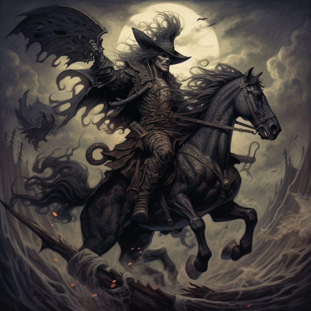 Prompt: a buccaneer is flying on a horse with a pirate on top, in the style of dark black and beige, gothic art, gerald brom, tondo, monochrome canvases, dan mumford, death burger