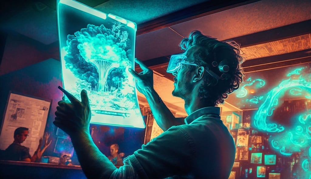 Prompt: picture jokey spreading his 2d hologram pictures around in the air in this furturistic bar year 2050