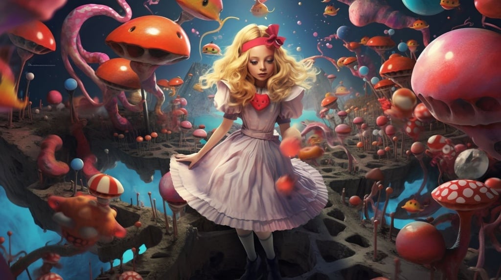 Prompt: alice in monsterland reaching for the stars in the style of pop surreal x fantasy