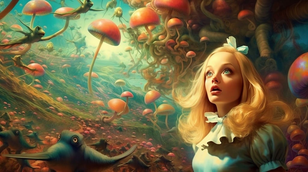 Prompt: alice in monsterland reaching for the stars in the style of pop surreal x fantasy