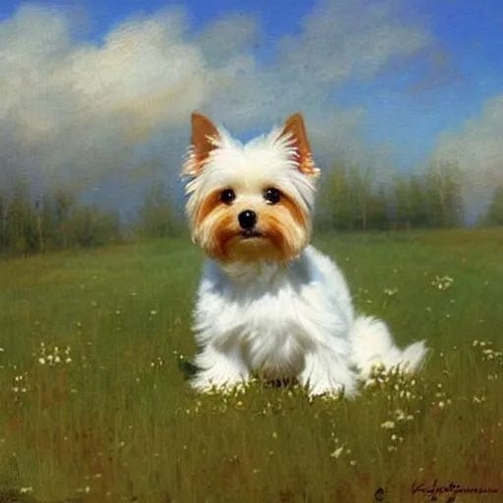 Prompt: A cute Yorkshire Terrier with fluffy white fur, sitting in a meadow, perfect features, extremely detailed, realistic. Krenz Cushart + loish +gaston bussiere +craig mullins, j. c. leyendecker +Artgerm. 