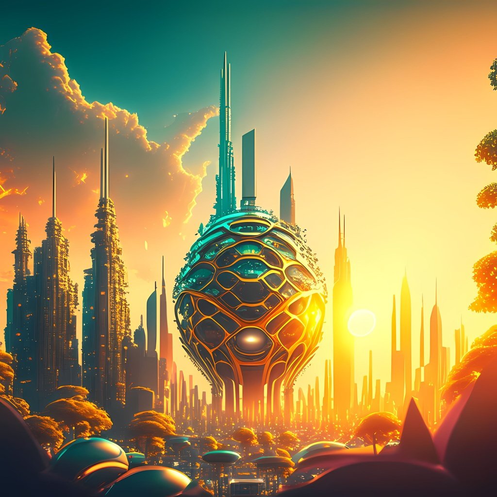 Prompt: highly detailed articifial futuristic sun, solarpunk, sustainable energy machine, advanced technology, bright blue clouds, landscape of lush green cityscape, nature, optimistic, environmental harmony, urban, ecological, vision, innovation, photo realistic 3d render, high resolution, panoramic, insane details, golden hour, cinematic, [low quality, bad quality]