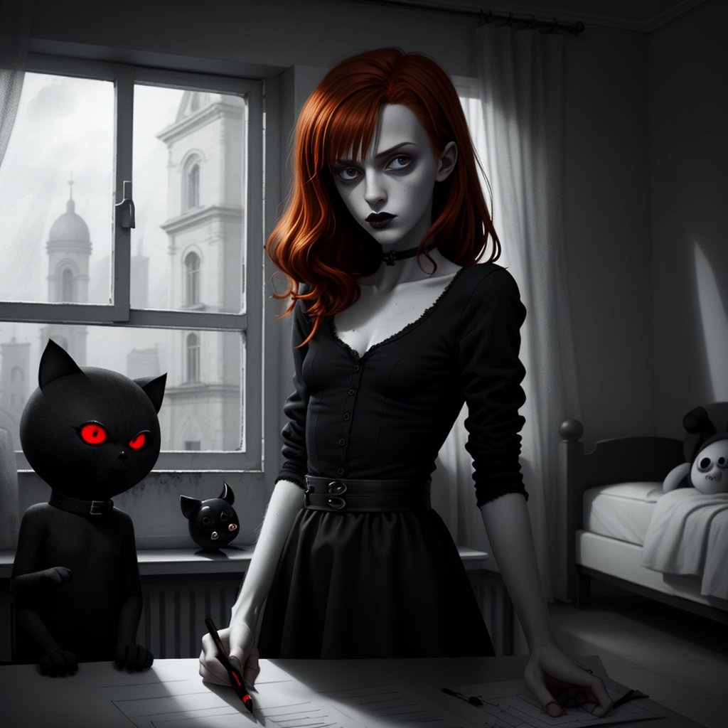 Prompt: pencil drawing, style of Roger Ballen, style of Vanessa Bell, Mysterious, style of Josef Koudelka, style of Marko Manev, bizarre, Contre-Jour Lighting, paranormal romance aesthetic, style of Quint Buchholz, cute black-and-red haired goth girl, cute goth look and clothes