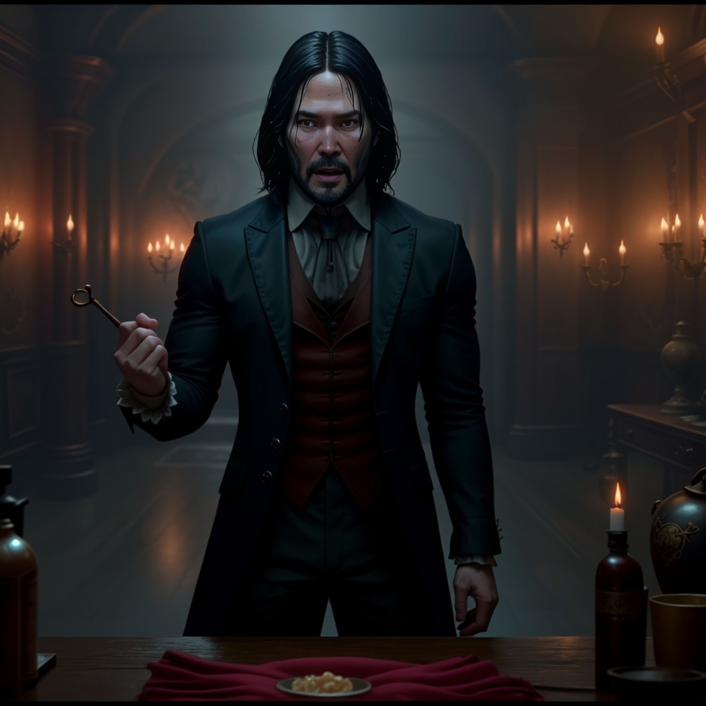 Prompt: dvd screengrab of scene from Disney’s Beauty and the Beast, in the style of John Wick