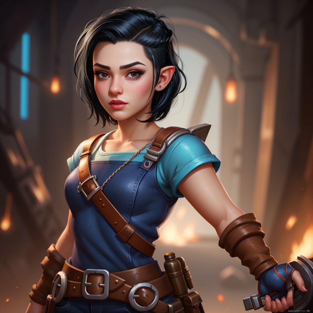 Prompt: Portrait of a beautiful cute strong brave female gnome engineer, textured undercut black hair, in the style of Aerie, hyperrealism, highly detailed, smooth, sharp focus, illustration, digital painting, HQ, artstation hq, behance hd