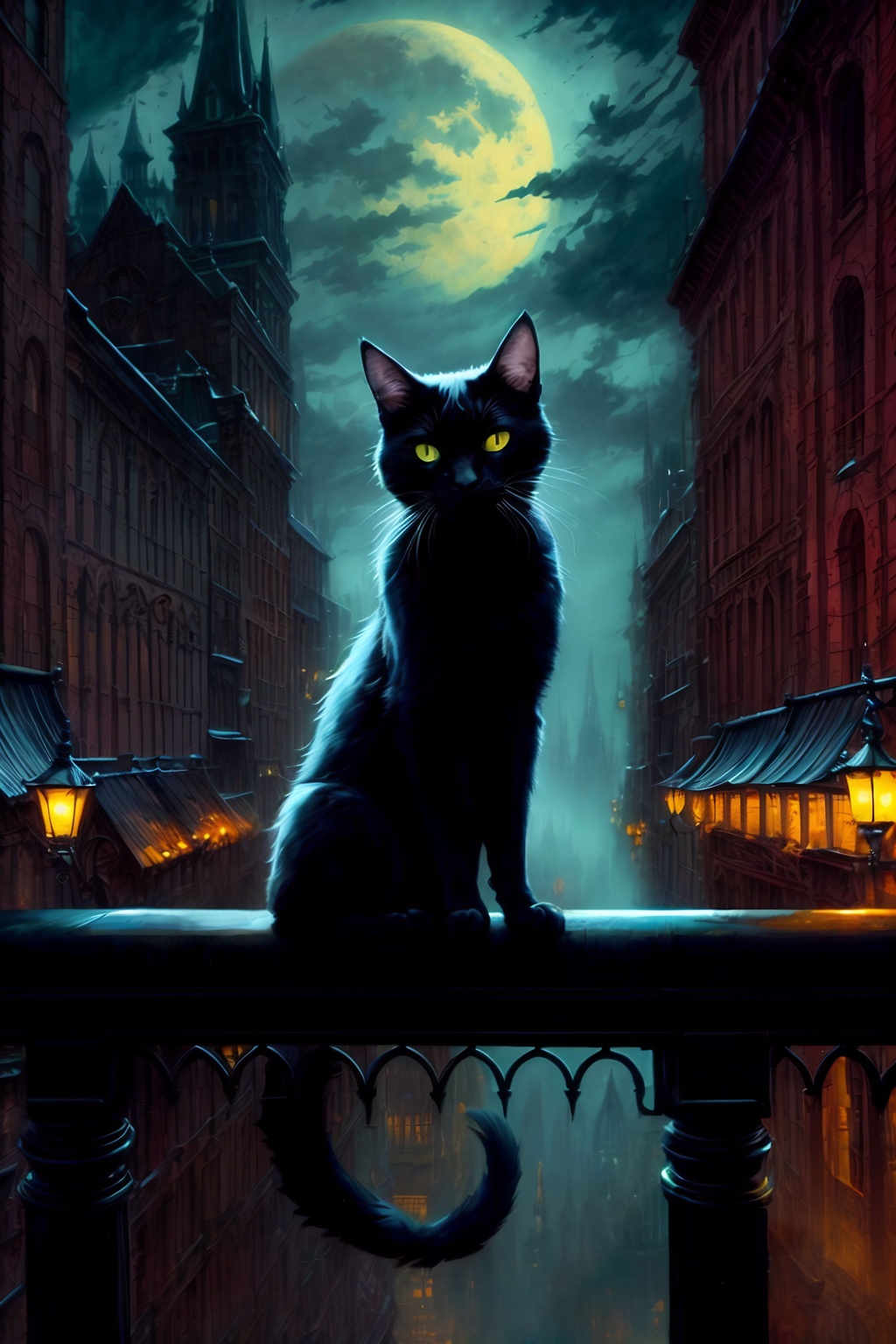 Prompt: black cat in noir concept splash art character ((by Aleksi Briclot)), ((by Guillermo del Toro)), ((by Bastien L. Deharme)), ((by Antonio J. Manzanedo)), ((by Jesper Ejsing)), ((by John Atkinson Grimshaw)), ((high-quality)) ((high-detail)) ((highly-detailed)) ((exquisite)) ((minute detail)), ((photorealistic)), ((4k UHD Wallpaper)), ((breathtaking)) ((masterpiece)) close-up full-body, perched atop railing with tail dangling over the edge, overlooking the street below, tall buildings, ancient architecture, dangerous heights.