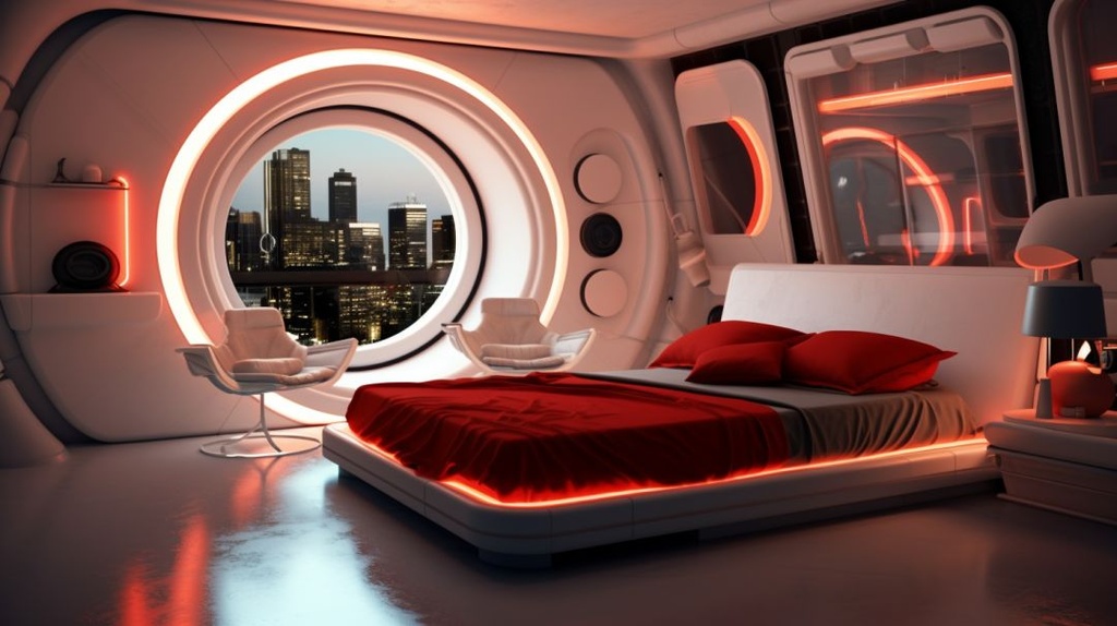 Prompt: minimalist, futurist spacestation bedroom, neon lighting and tubing runing through the walls and under all the furniture, round metal windows outlooking space, published in a futuristic Ikea Advertisement, highly stylized, realistic, lived in, relaxing --ar 16:9 --q 2 --upbeta --v 5.1