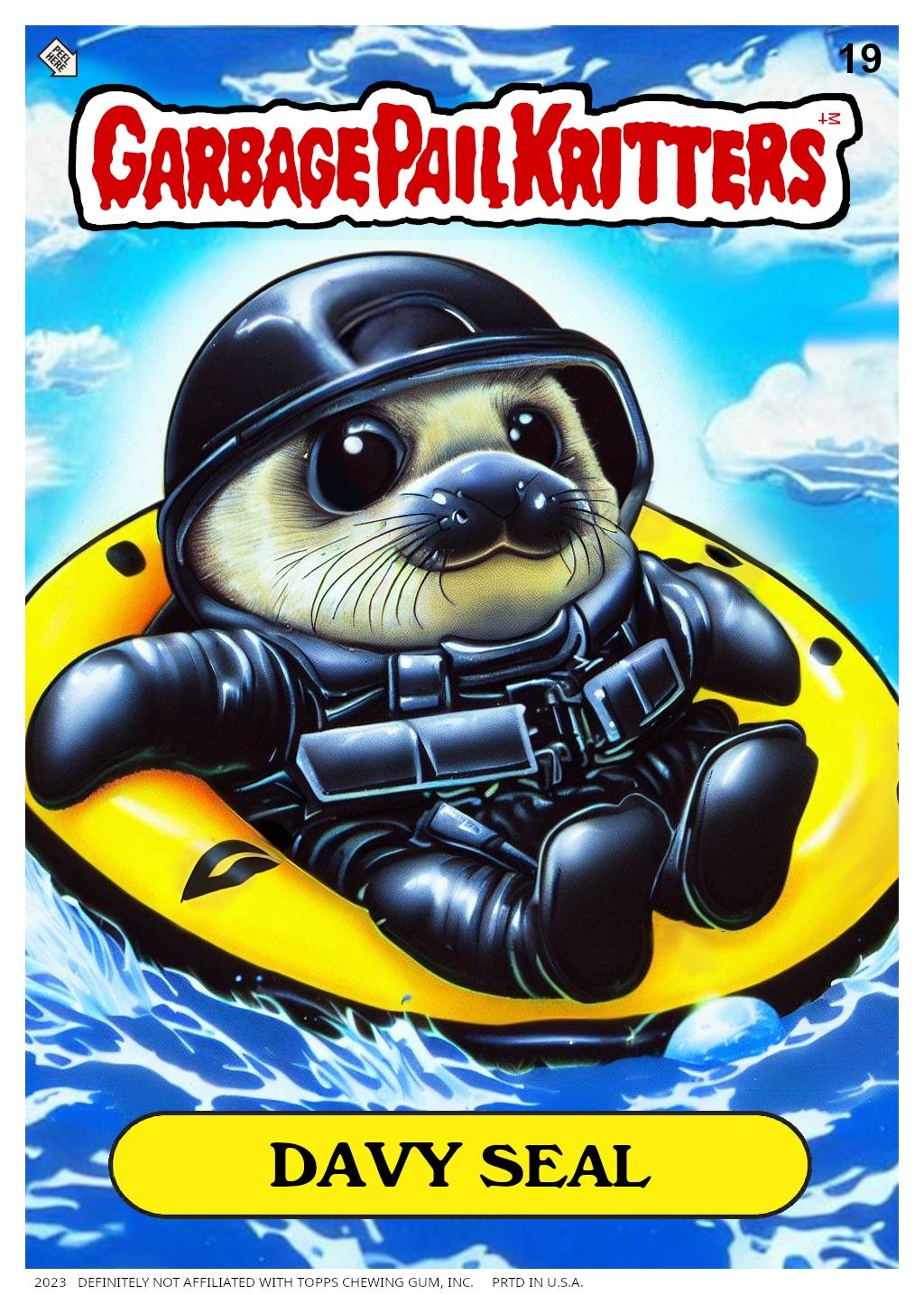 Prompt: "Garbage Pail Kids" card of a cute handsome anthropomorphic baby seal dressed as a navy seal in a yellow rubber raft, 1980s airbrushed trading card art style, big head, expressive eyes, [a whole bunch of stuff I've forggotten], ocean background