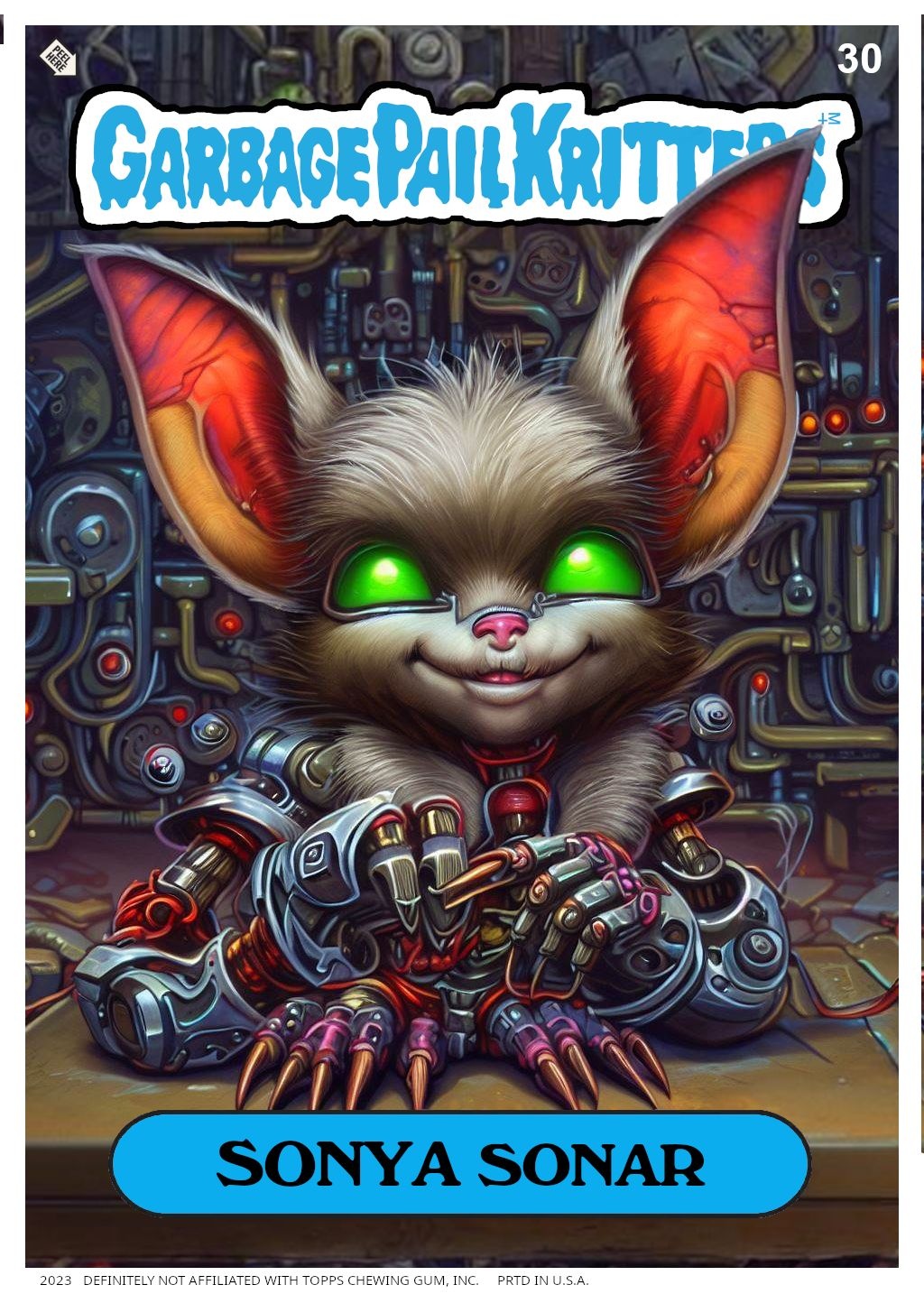 Prompt: "Garbage Pail Kids" card of a cute pretty anthropomorphic cybernetic biomechanical bat girl on a workshop table, 1980s airbrushed trading card art style, big head, expressive eyes, [a whole bunch of stuff I've forggotten], cyberpunk robot repair workshop background