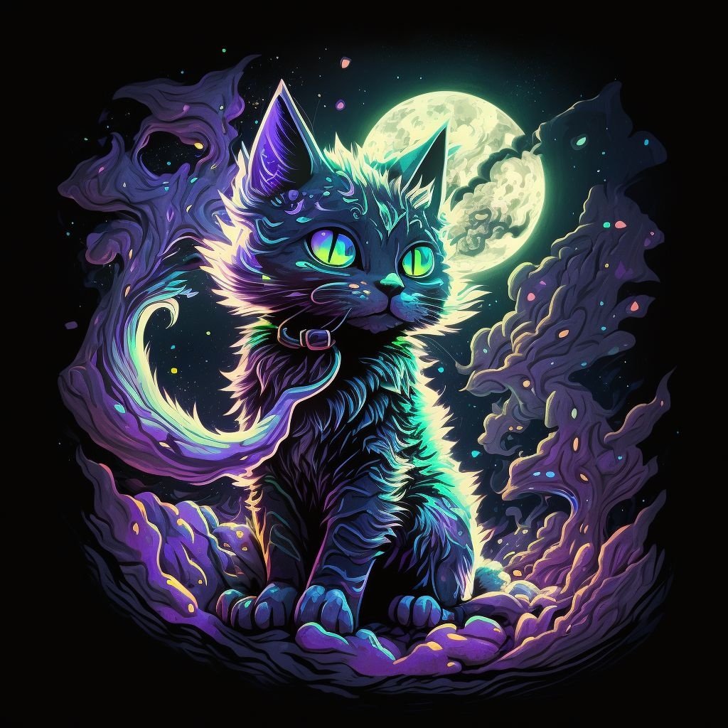 Prompt: an illustration of a cat of anime in space with a green flame, in the style of dark sky-blue and purple, spiky mounds, unique yokai illustrations, 32k uhd, metal, sparklecore, colorful costumes