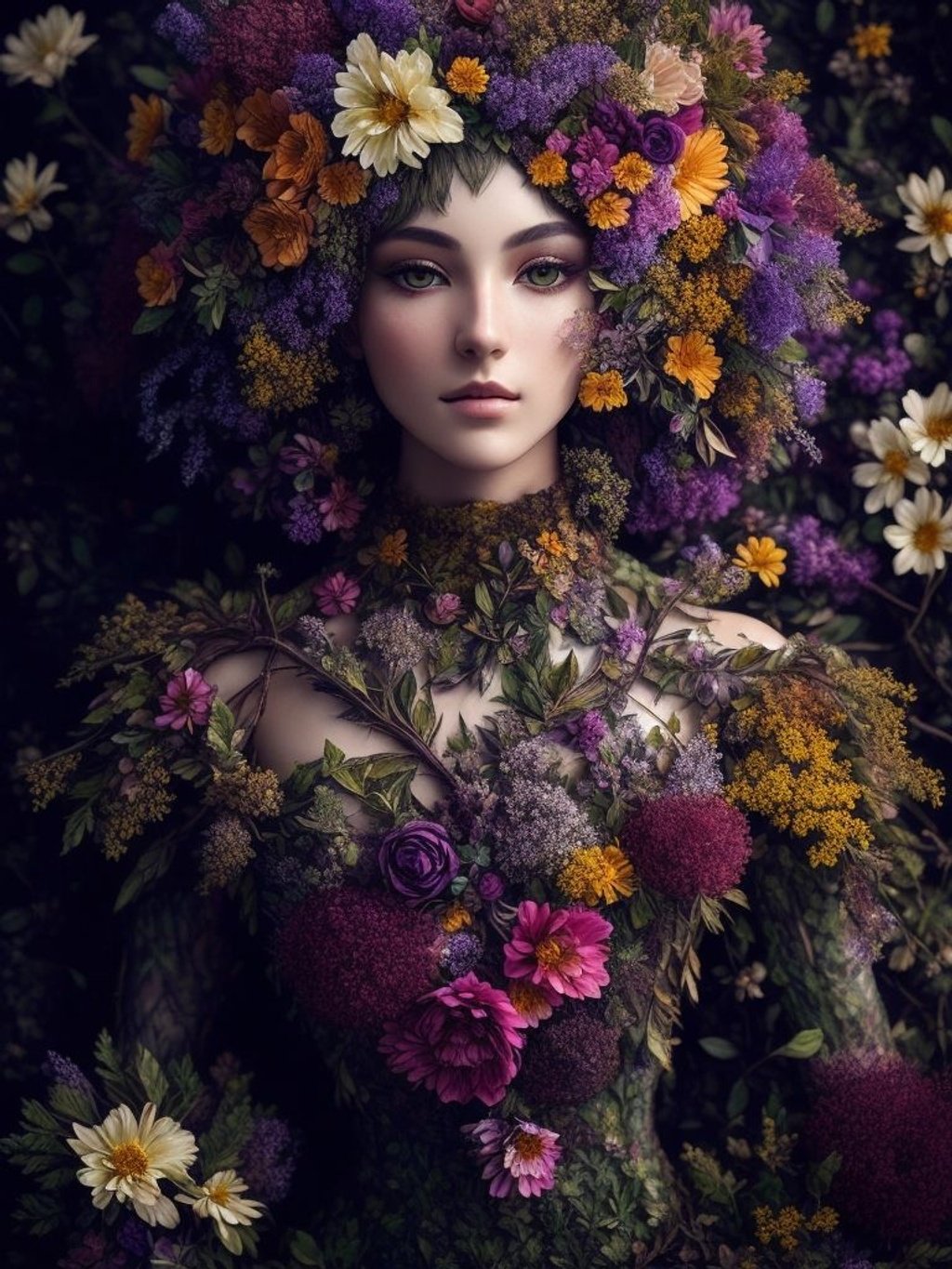 Prompt: (Masterpiece and highly detailed:1.2), close up shot, upper body, centered, Instagram able, dynamic pose, (1dryad:1.5), body made of flower, Felled flowers, ultra realistic, professional, (Flower field background), (epic proportion, epic composition), Photography, studio lighting, Depth of field, Raw photo, 