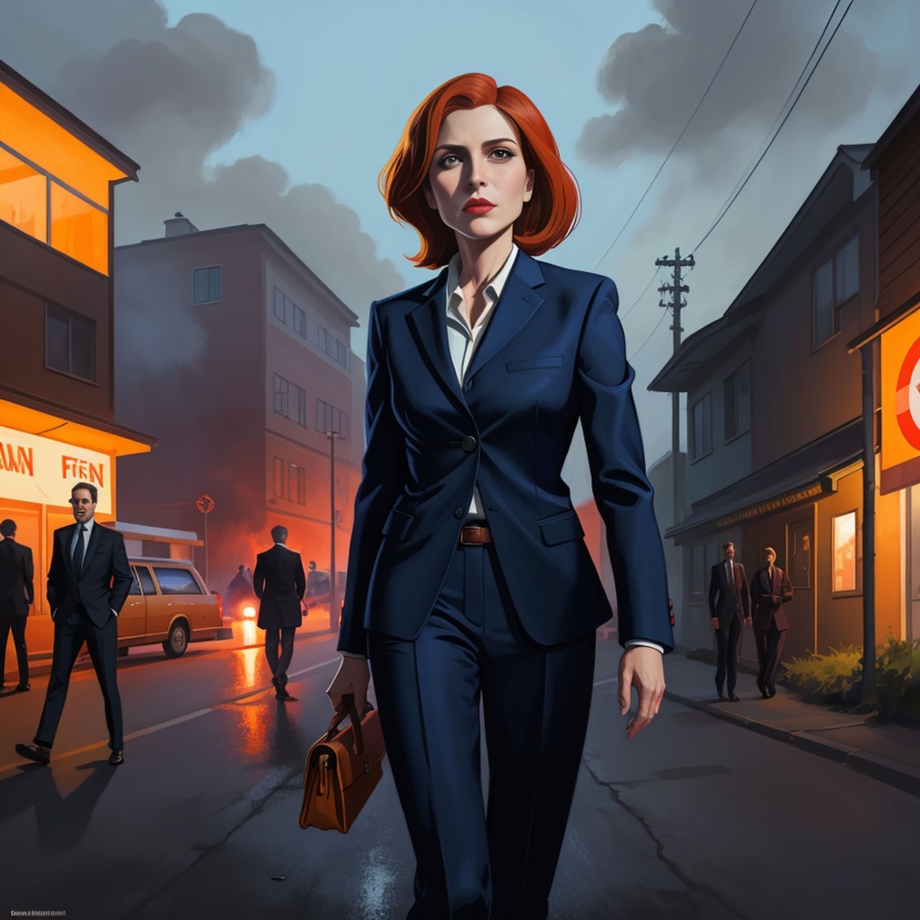 Prompt: style of Ernst Ludwig Kirchner, style of Jack Spencer, style of Salvatore Ferragamo, realistic fabric, Dana Scully, x-files aesthetic, ominous, ultra sharp, illustration, digital painting, highest quality, featured on concept art world