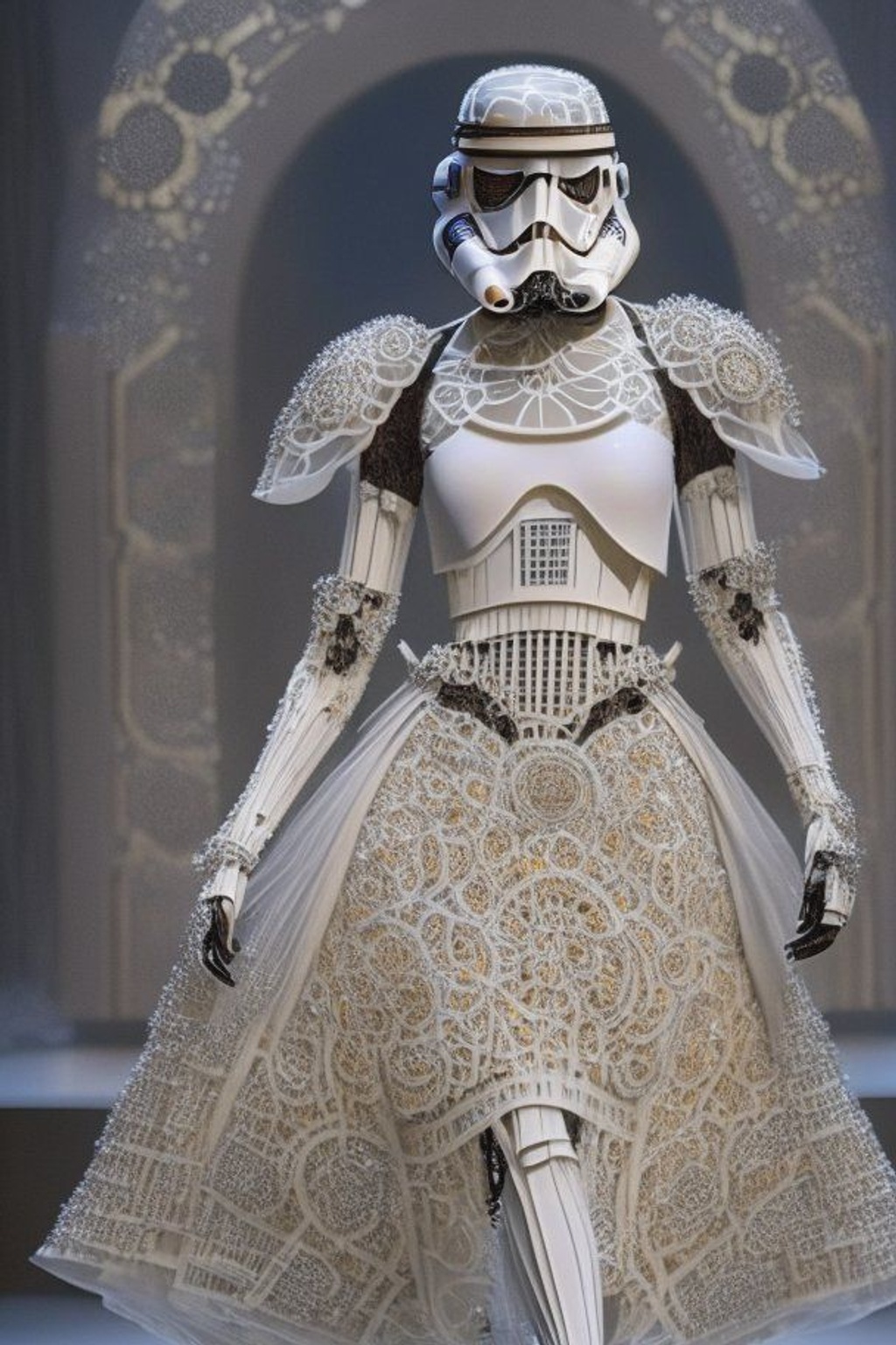 Prompt: a full scale full body stormtrooper on a catwalk wearing a dress adorned with small metal ajoure circles, in the style of ethereal biomorphism, intricate webs, leonardo da vinci, delicate flowers --ar 1:2 --v 4 --q 2 --s 750