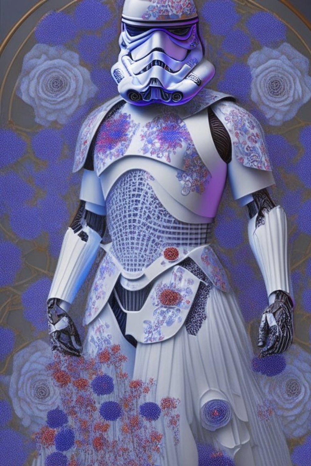 Prompt: a full scale full body male stormtrooper on a alpha male james bond walk wearing a dress adorned with small metal ajoure circles, in the style of ethereal biomorphism, intricate webs, leonardo da vinci, red,blue,purple rose flowers --ar 1:2 --v 4 --q 2 --s 750