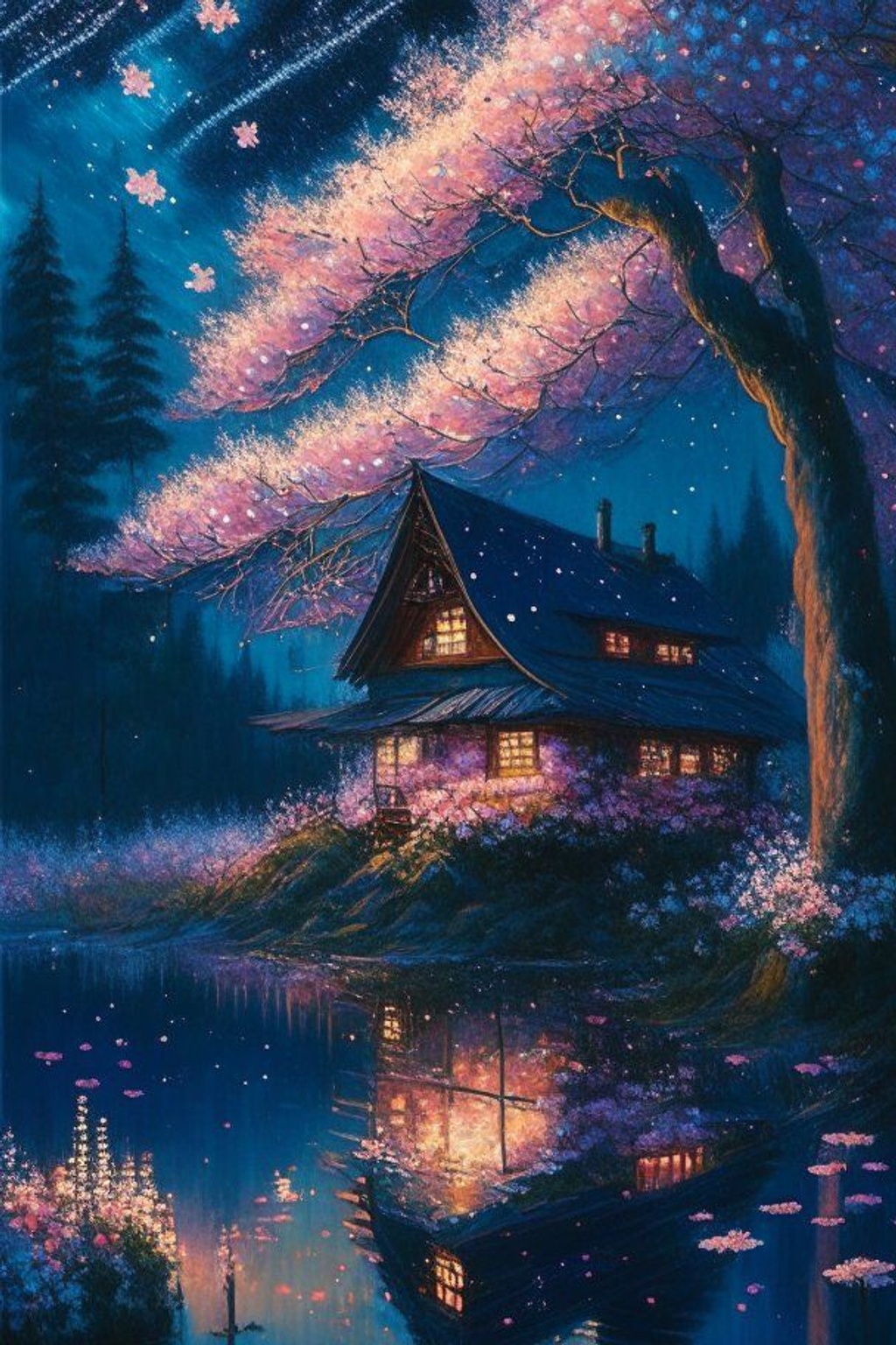 A cabin in Sakura forest by the lake, background blo...