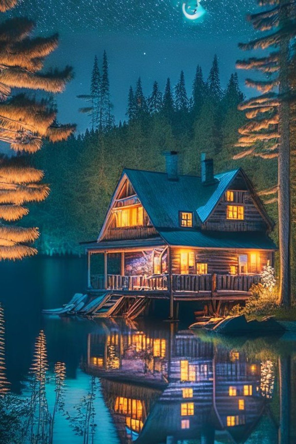 Prompt: A Urban cityscape with beautiful cottage on a lake , its wooden exterior bathed in neon lights casting gentle rays onto the cabin's porch,Serenely nestled,woodland retreat,rustic simplicity,highly detailed,cinematic lighting.night with lots of stars,forest,full moon,nature wide angle, 8k, colorful, hd, shooting star, muskoka cottage beautiful,uplight,Night sky, HD, Reality,extra detailed,4K
