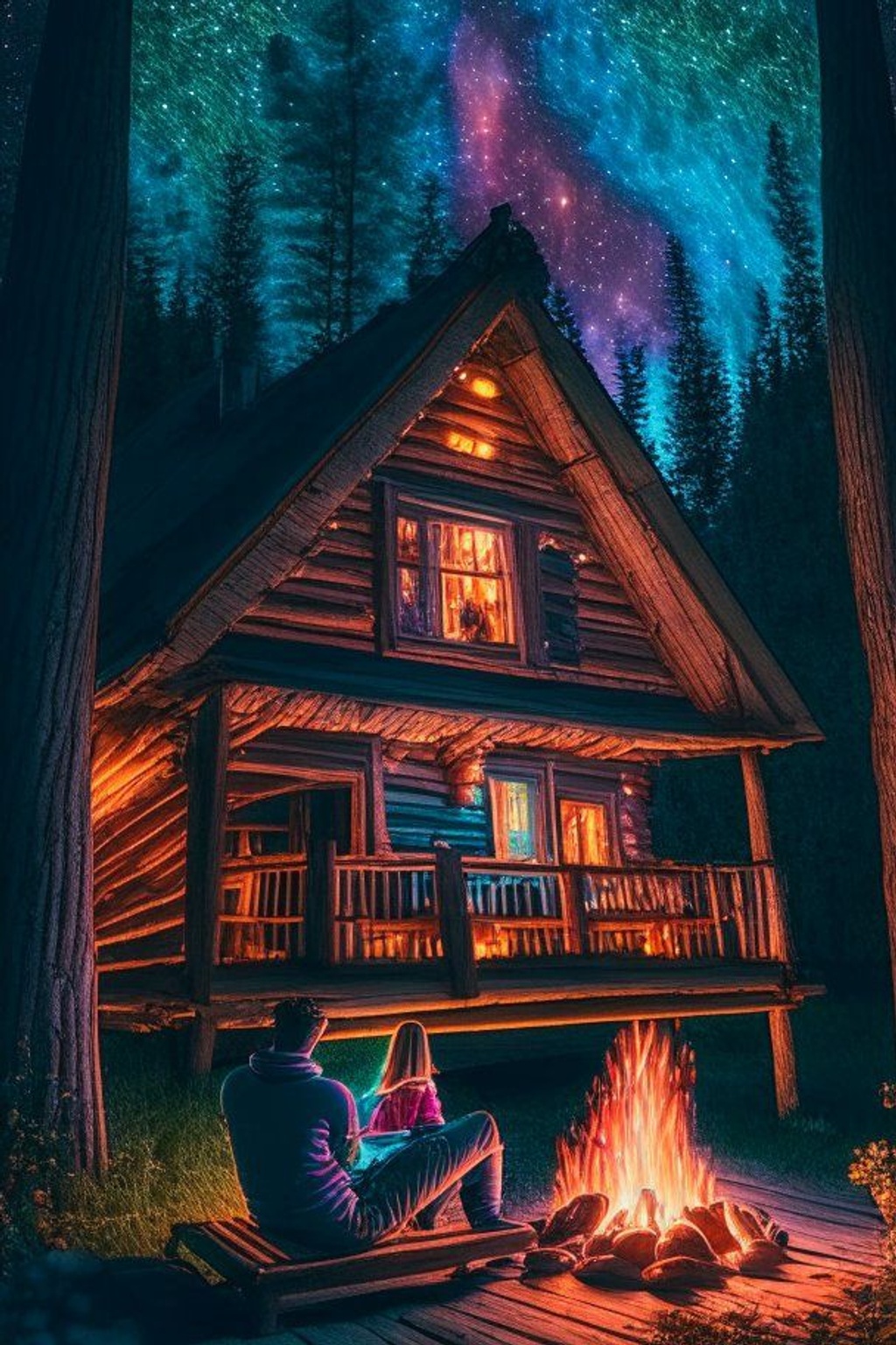 Prompt: two romantic couple are sitting near firewood outside a cottage,Urban cityscape| its wooden exterior bathed in neon lights casting gentle rays onto the cabin's porch| (Serenely nestled)| (woodland retreat)| (rustic simplicity)| highly detailed| cinematic lighting.night with lots of stars, wide angle, 8k, colorful, hd, shooting star, muskoka cottage beautiful --s 100 --uplight