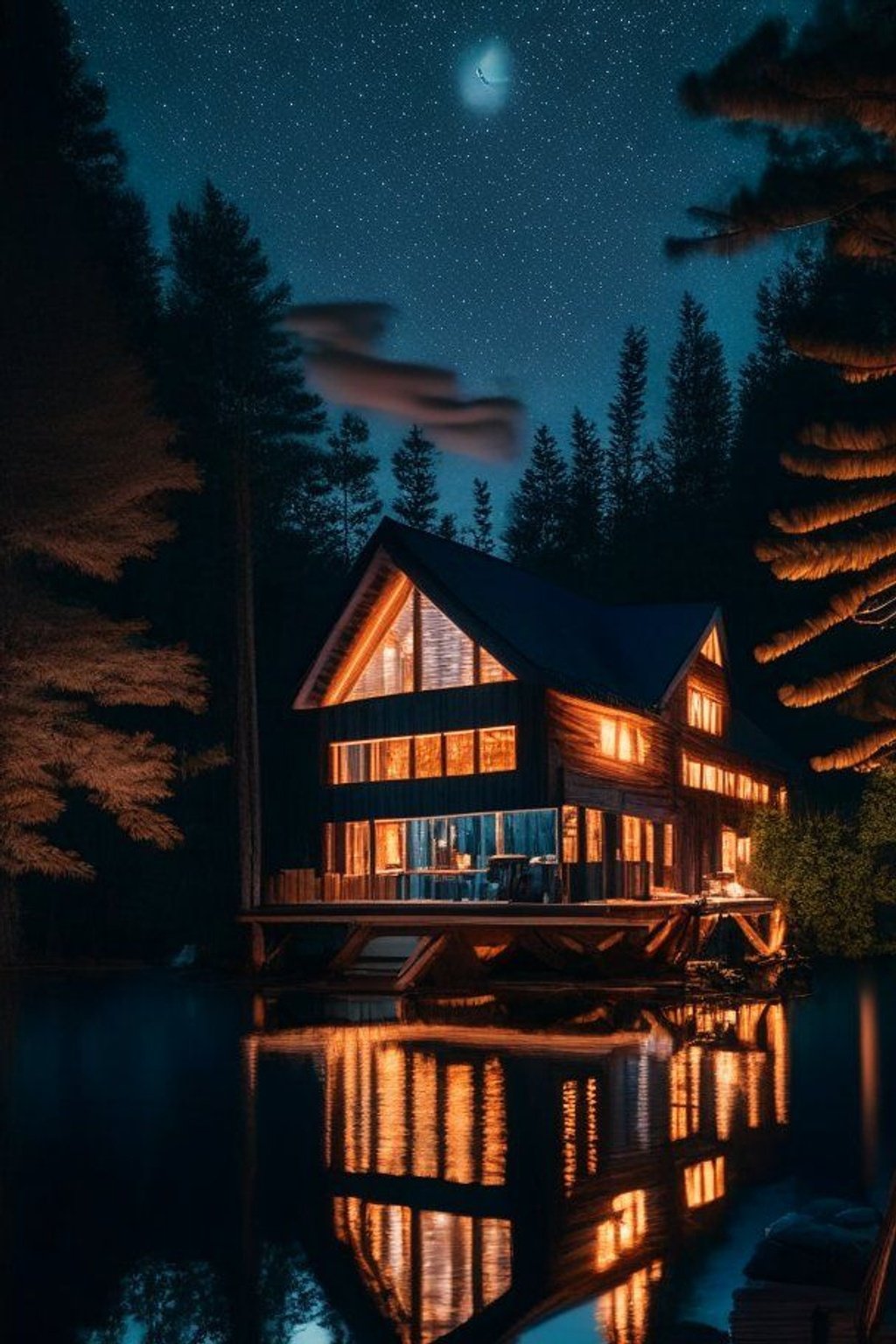 Prompt: A modern cottage on a lake in Muskoka, Ontario, Canada on a night day, its wooden exterior bathed in neon lights casting gentle rays onto the cabin's porch| (Serenely nestled)| (woodland retreat)| (rustic simplicity)| highly detailed| cinematic lighting.night with lots of stars,forest,full moon, Urban cityscape, nature,wide angle, 8k, colorful, hd, shooting star, muskoka cottage beautiful --s 100