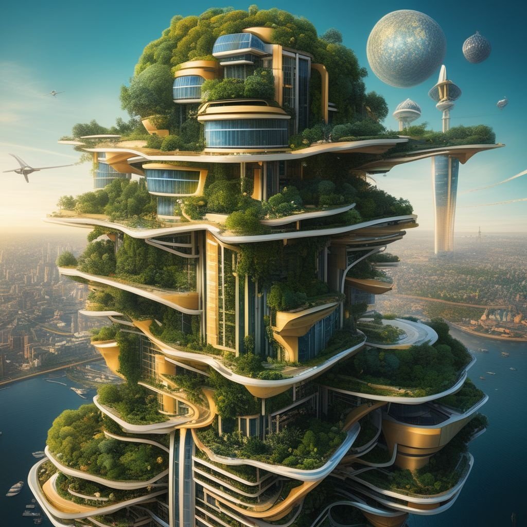 Prompt: Immerse yourself in a solarpunk cityscape envisioned by Walt Disney , where towering vertical gardens thrive. The golden sunlight filters through solar panels, casting a warm glow on the ecologically sustainable city. Detailed wind turbines dot the landscape, capturing the energy of the wind, while flying taxis and drones glide through the sky, adding a sense of dynamism. Electric cars smoothly navigate the city highway, seamlessly interacting with driverless vehicles. The city's futuristic background showcases the integration of Maglev trains and Hyperloop, symbolizing efficient transportation systems. As a smart city, the seamless connectivity and sustainable practices are seamlessly integrated. Shot with a Nikon D850 camera and an f1.6 lens, the hyper-realistic image captures the richness of colors, lifelike textures, and dramatic lighting, bringing this solarpunk utopia to life. The Cinestill 800 film stock photograph adds depth and vibrancy, making the scene truly captivating. -ar 2:1 -s 3000 -q 4