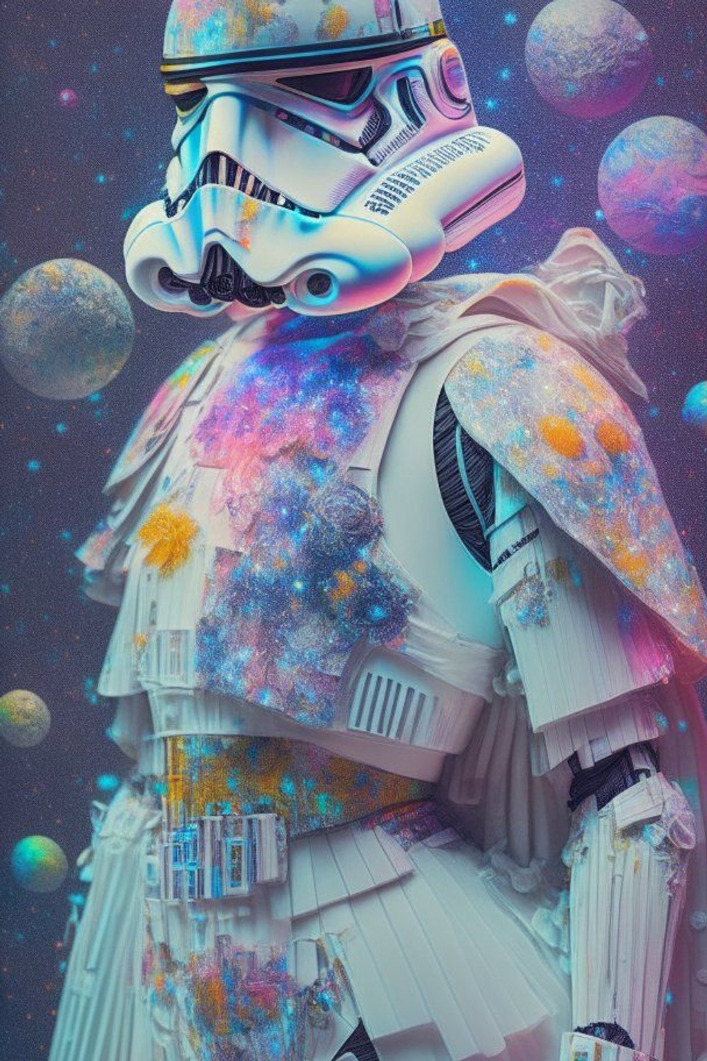 Prompt: a full scale full body stormtrooper by alberto seveso of a female mage n a cute outfit in pastels and colorful fun intricate embellishments and geometric patterns and designs, nighttime, full moon, cute colorful lighting high definition , photography, cinematic, detailed character portrait, detailed and intricate environment, strong breeze,detailed and intricate environment