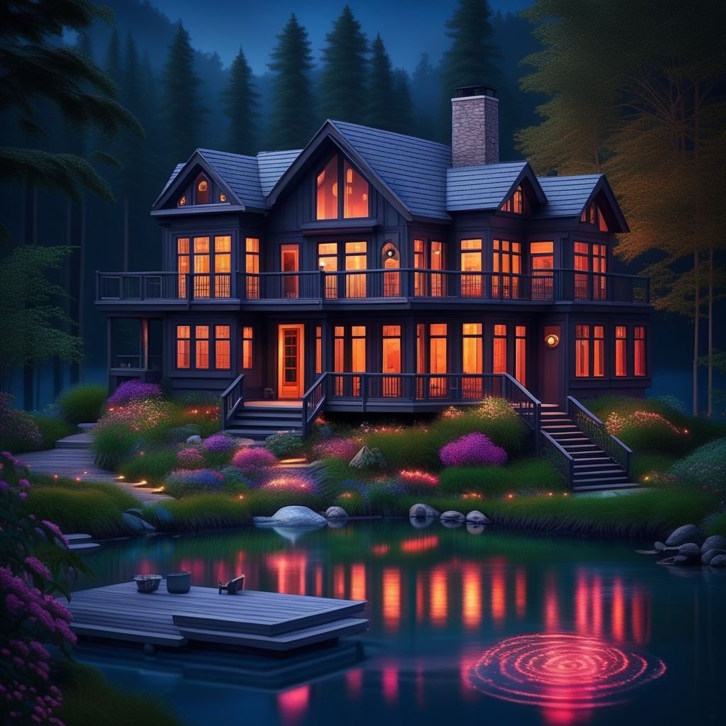 Prompt: "Lakeside Tranquility: Experience the enchantment of a woodland retreat as you immerse yourself in this highly detailed, cinematic masterpiece. A serene urban cityscape comes to life with the breathtaking beauty of a cottage perched on the edge of a shimmering lake. The cottage's wooden exterior is bathed in mesmerizing neon lights, casting gentle rays onto its inviting porch. The night sky is adorned with a canopy of stars, and a full moon illuminates the surrounding forest. Let the wide-angle lens capture the vibrant colors and picturesque scenery in stunning 8K resolution, while the shooting star adds a touch of magic to the scene. Step into this reality where rustic simplicity meets modern elegance, and discover the extraordinary charm of Muskoka Cottage