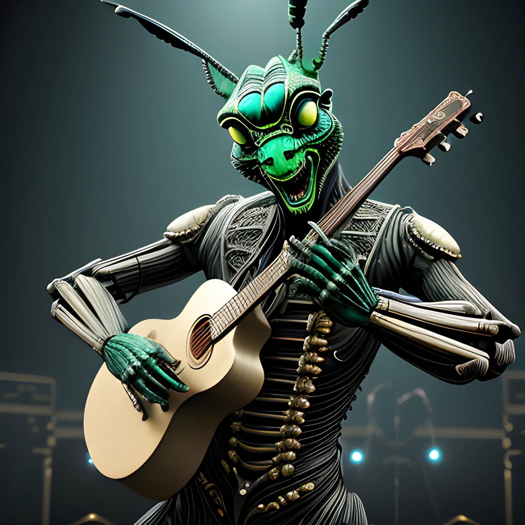 Prompt: "Grasshopper Grooves: Step into a world where anthropomorphic humanoid creatures take the stage in a concert like no other. Witness the mesmerizing spectacle of an ultra-realistic and extra-detailed grasshopper musician commanding the spotlight. Clad in a stylish black jacket that accentuates its macho physique, this larger-than-life grasshopper effortlessly strums the guitar, creating a symphony of melodic notes. Every detail, from the intricate textures of its exoskeleton to the subtle movements of its limbs, is captured in stunning HD. Immerse yourself in the electrifying atmosphere as the grasshopper's performance captivates the audience and takes them on a journey through music. Let the realism of this extraordinary creature and its musical talent transport you to a world where imagination and reality converge., 3D