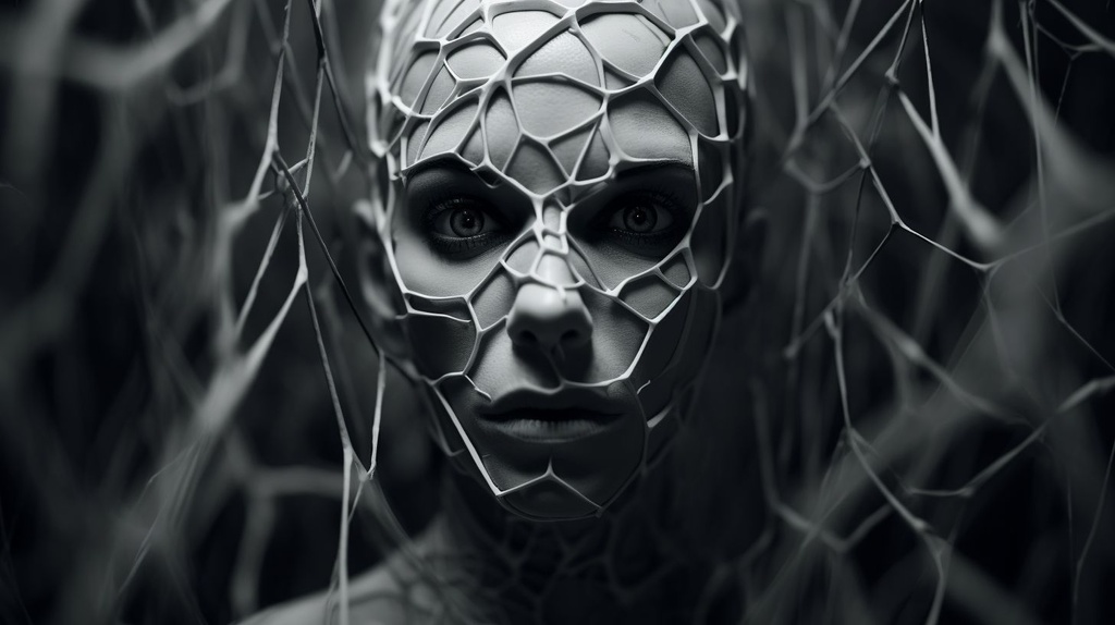 Prompt: 3d face emerge from spider web