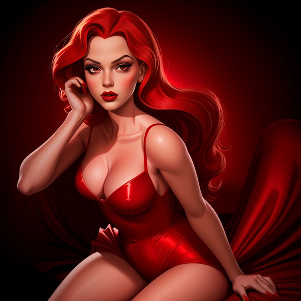 Prompt: photography beautiful flawless jessica rabbit in her red dress, Catherine Abel aesthetic, femme fatale, darkroom, dramatic high contrast lighting like sin city