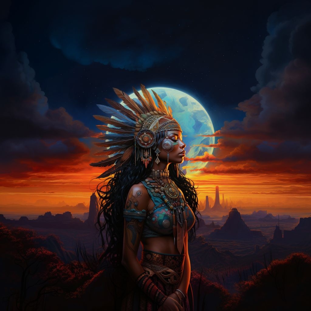 Prompt: an indian woman with an ornamental headdress and a full moon lighting, in the style of poster art, masks and totems, solarizing master, richly colored skies, hyper-detailed, muralist, sublime wilderness