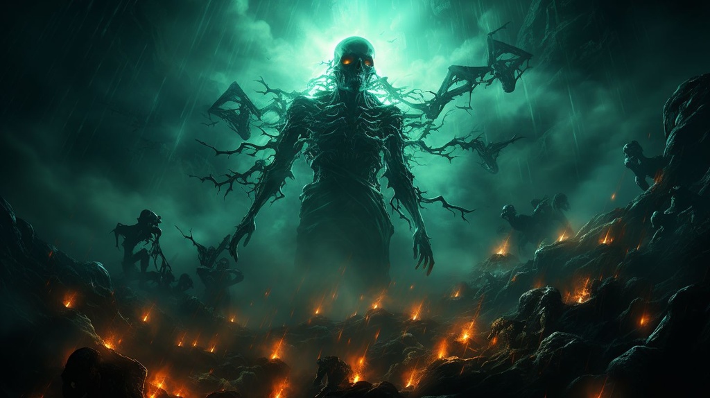 Prompt: a dark angel is surrounded by some zombies, in the style of mythic imagery, master of shadows, light cyan and emerald, concept art, 8k, wizardcore, mysterious seascapes