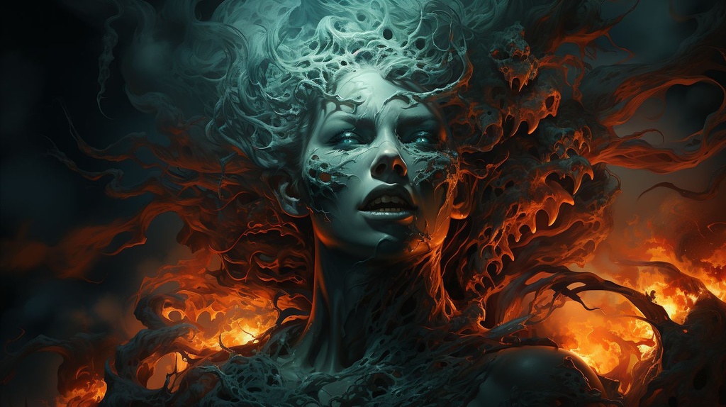 Prompt: an image of a big demon creature full of fire, covered in fires, in the style of dark teal, apocalypse landscape, skeletal, victor nizovtsev, precisionist art, realistic portrayal of light and shadow, anton semenov