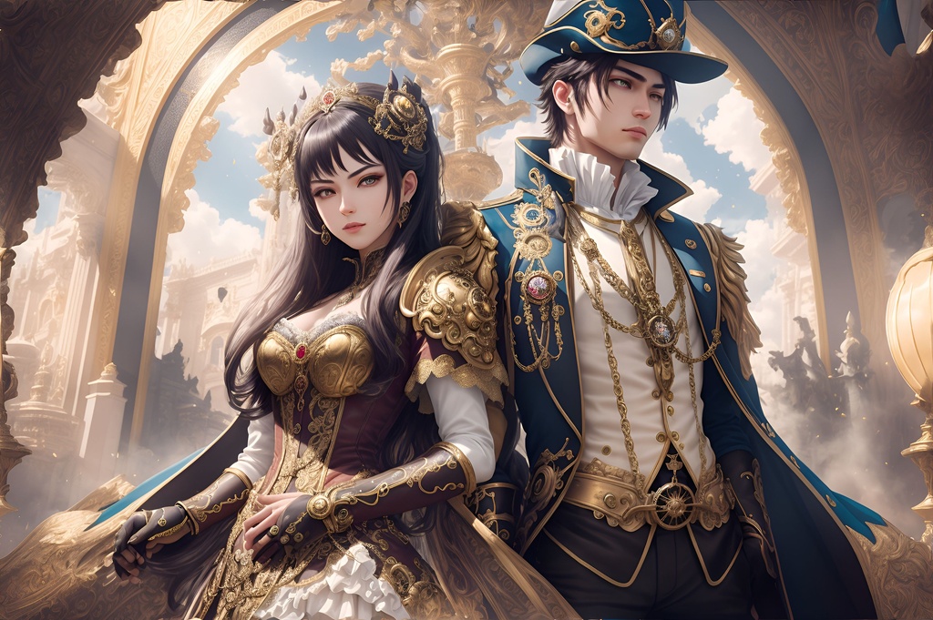 Prompt: Epic Couple Photo, mid shot, looking toward camera, dynamic pose, centered, baroque ornate opulence, biochemical steampunk android, bronze, gold, diamond, regal, graceful, ultra detailed steampunk royalty interior background, (Ultra detailed, finest detail, intricate), (Epic composition, epic proportion, epic fantasy), cinematic lighting, global illumination, (depth of field:0.4, blur, bloom:0.2), reflection, hard shadow, contrast, vibrant color, RAW photo, photography, octane render, HD, UHD, masterpiece, professional work, award winning.