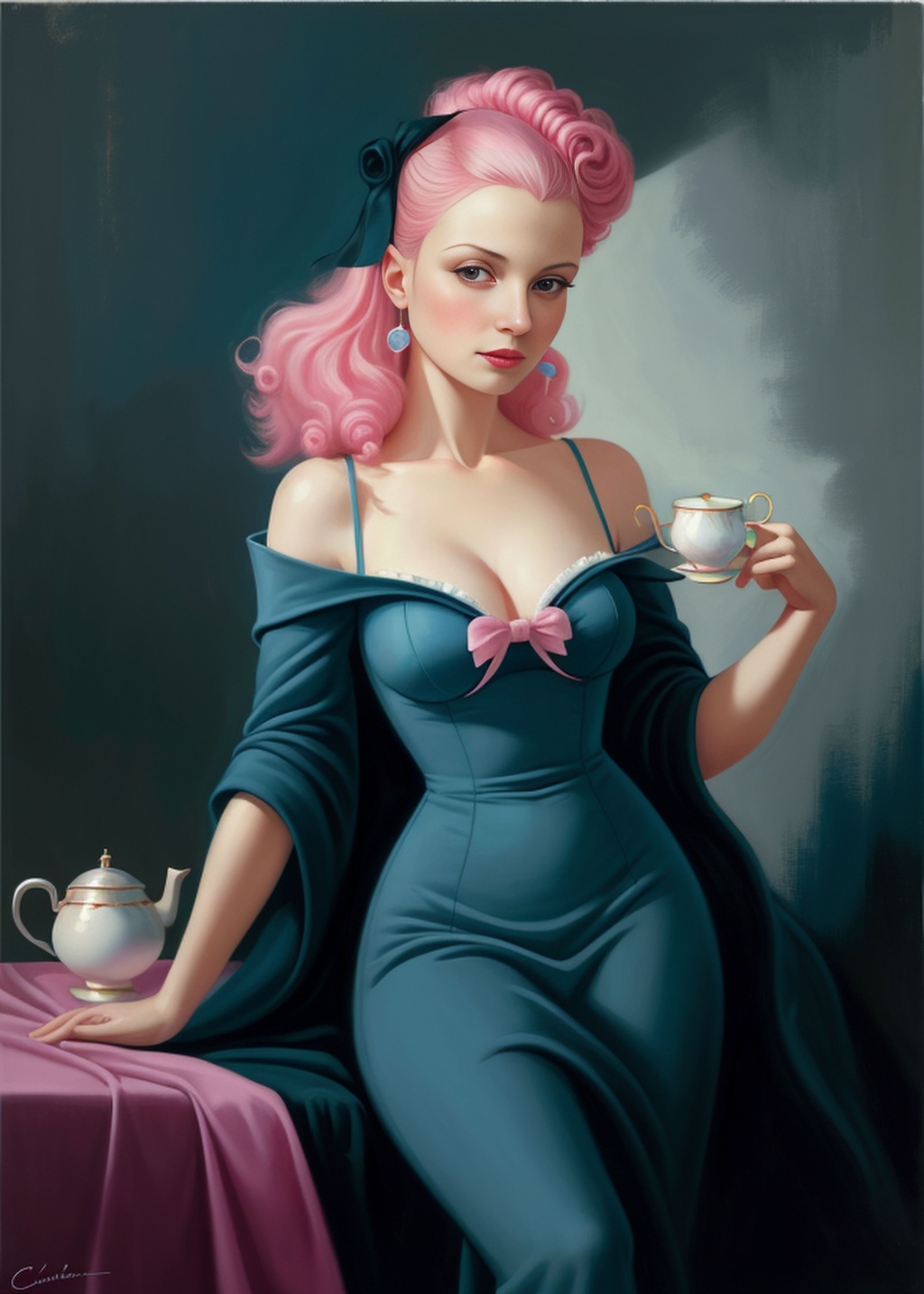 Prompt: Catherine Abel's highest quality oil on linen painting depicting sophisticated woman with still life, plush animal, pink bow, teacup, illustration, 8k resolution, teal and yellow cool colour palette, ultrafine detail, delicate, chiaroscuro