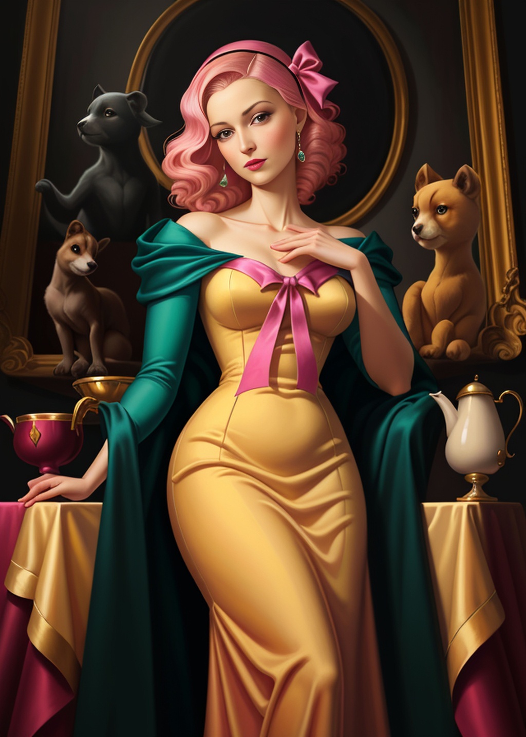 Prompt: Catherine Abel's highest quality oil on linen painting depicting sophisticated woman with still life, plush animal, pink bow, teacup, illustration, 8k resolution, teal and yellow cool colour palette, ultrafine detail, delicate, chiaroscuro