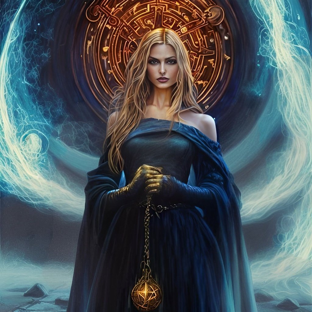Prompt: oil painting, style of Luis Royo, witch standing in arcane research room with glyph portal behind her, she radiates arcane power swirling around her, elegant blue dress, stone floor, two hands, curled hands, gloves, gloved hands folded, lustrous blonde hair, prominent piercing blue eyes,  fair skin, witch in arcane robes, beautiful witch in robes with golden segments and arcane glyphs, hand held high closed fist gloves glowing with magic power, radiating circle of magic, eldritch eyes, beautiful face, detailed face, prominent face, visible face, big expressive eyes, very big beautiful face, determined expression, high quality, very detailed, beautiful female wizard, small body, prominent visible eyes, face like Phoebe Tonkin, Alexandra Daddario, Ariana Grande, Natalie Portman, Nicole Kidman, Morena Baccarin
